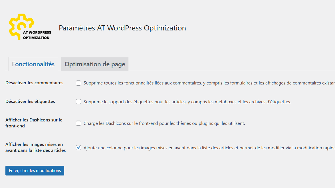 Fonctionnalités AT WordPress Optimization