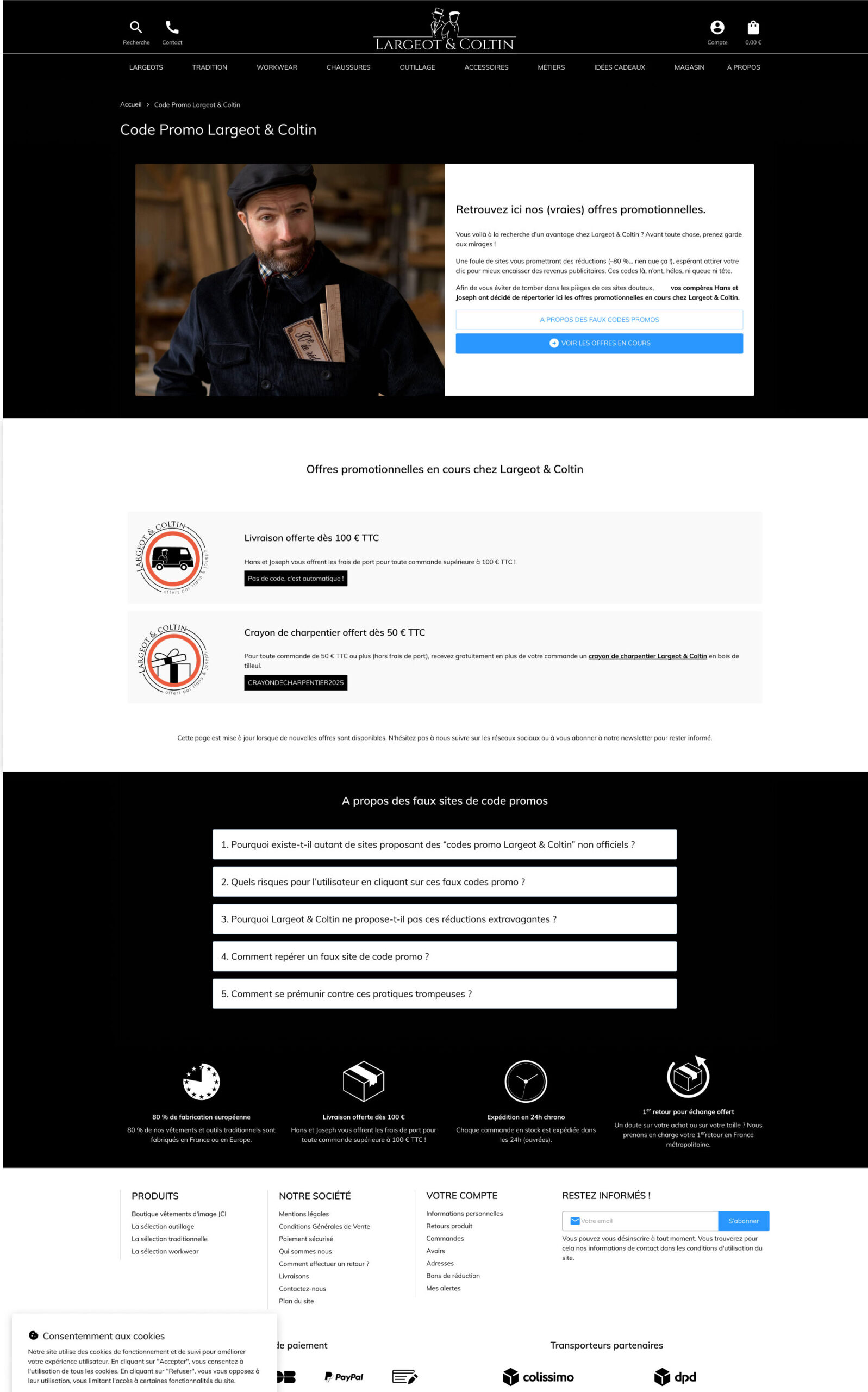 Exemple de page code promos finale pour Largeot & Coltin. Différentes sections : informations, codes promos, FAQ, inscription newsletter, réassurance.